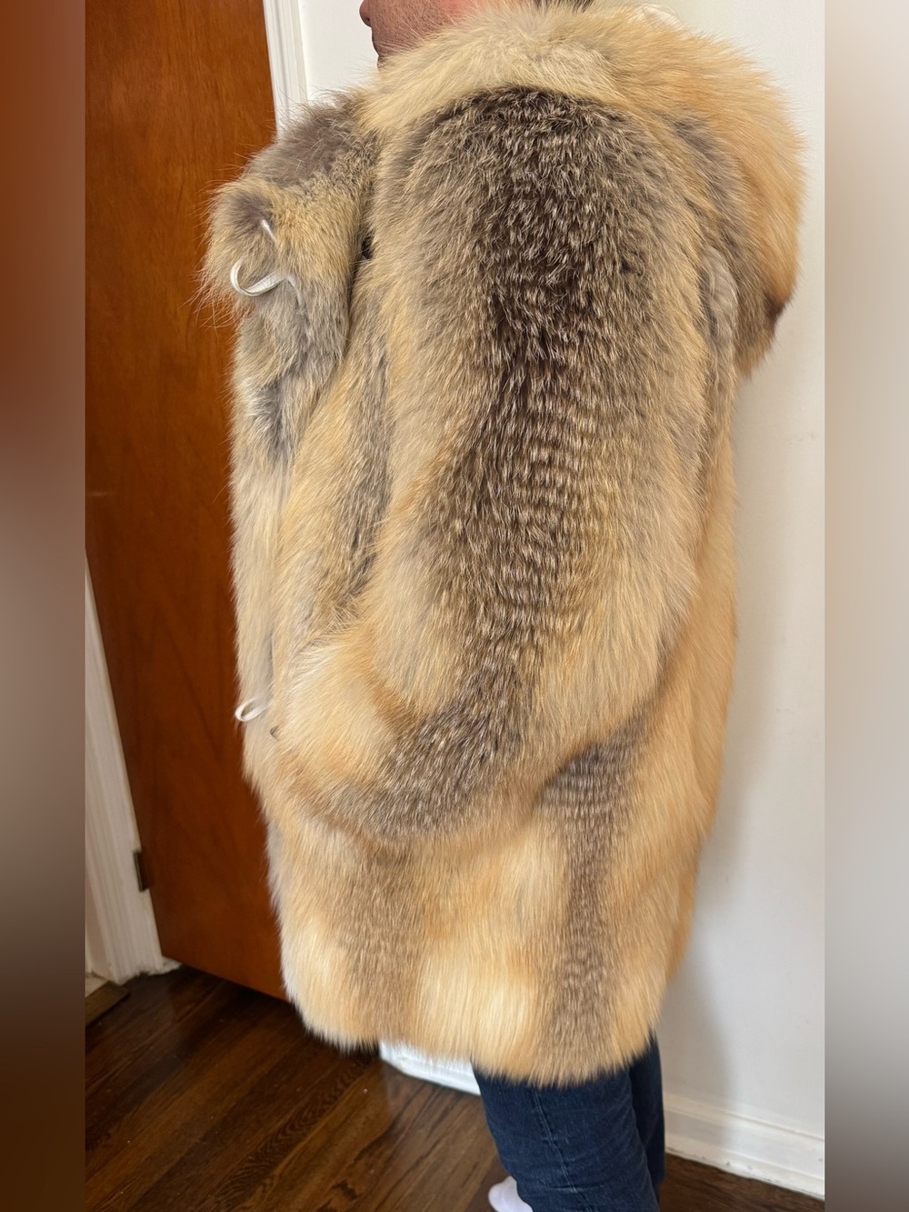Golden island gold fox Luxurious Natural Fur Coat -Honey Blonde Tones Men  hood - Picture 3 of 16